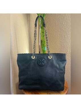 TORY BURCH BLACK LEATHER WHIPSTITCH MARION TOTE
